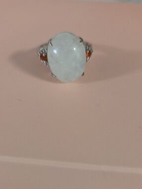 925 Moonstone White Jade Oval Cocktail Ring with Orange Accent Stones